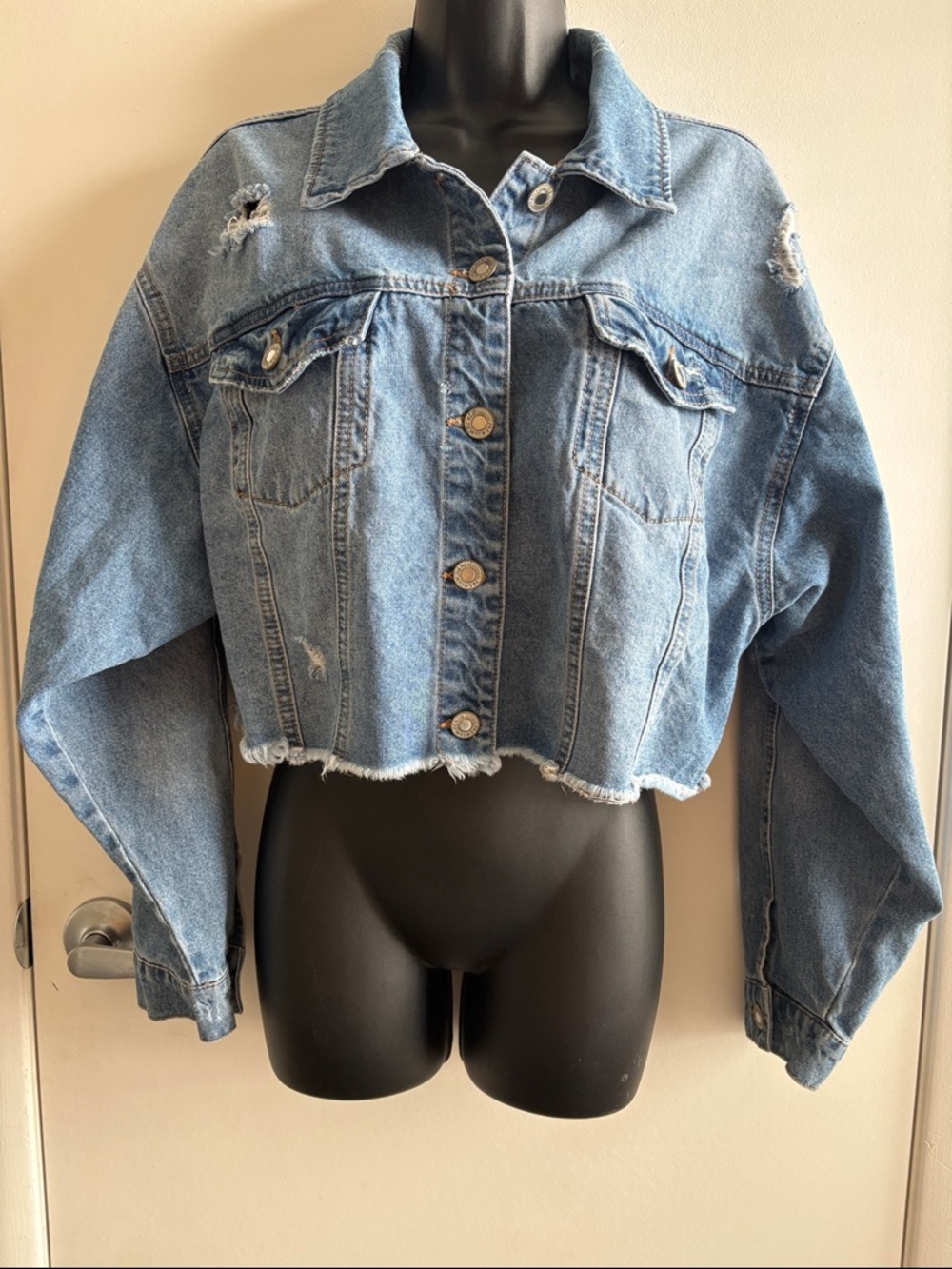 Elite Jeans Distressed Light Blue Cropped Denim BOHO Jacket SZ L